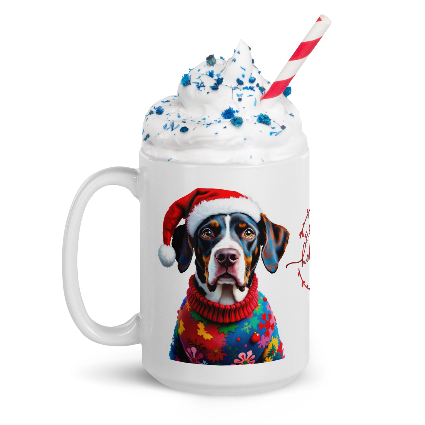 Pointer Wearing Ugly Christmas Sweater and Red Santa Hat Glossy White Mug