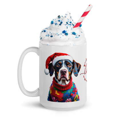 Pointer Wearing Ugly Christmas Sweater and Red Santa Hat Glossy White Mug