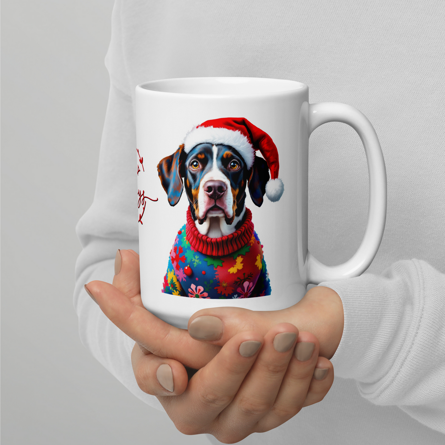 Pointer Wearing Ugly Christmas Sweater and Red Santa Hat Glossy White Mug