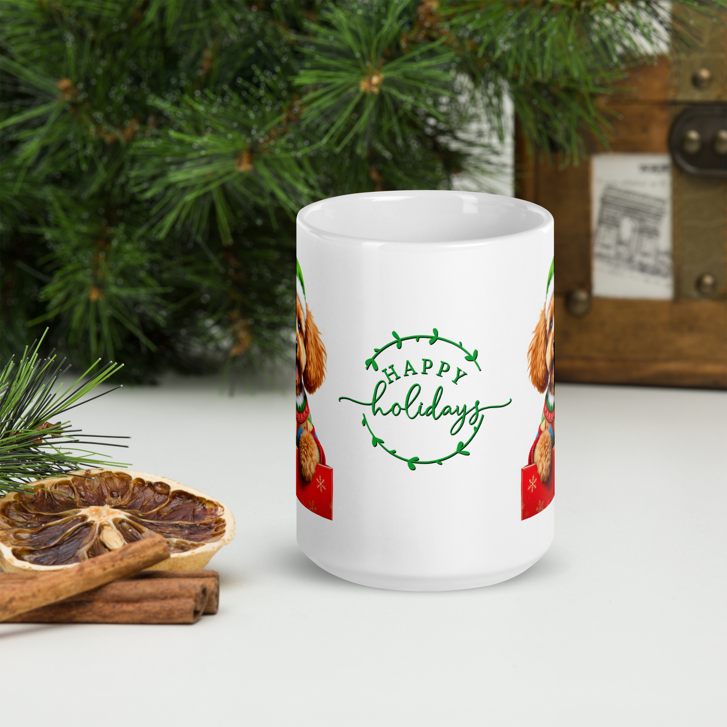 Poodle Wearing Ugly Christmas Sweater and Green Santa Hat White Glossy Mug