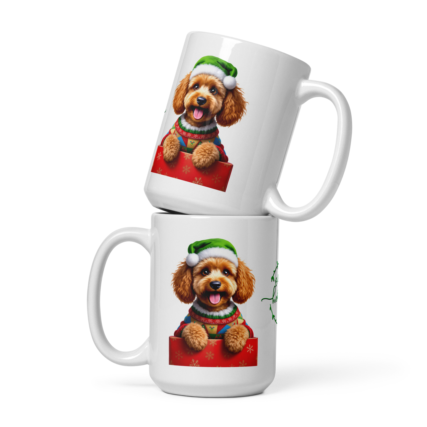 Poodle Wearing Ugly Christmas Sweater and Green Santa Hat White Glossy Mug