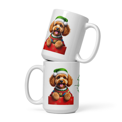 Poodle Wearing Ugly Christmas Sweater and Green Santa Hat White Glossy Mug