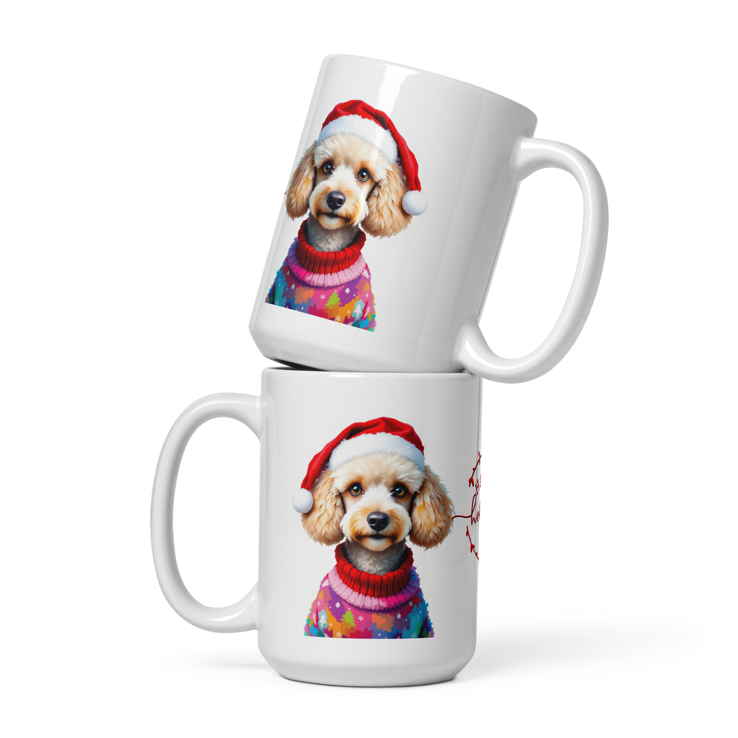 Poodle Wearing Ugly Christmas Sweater and Red Santa Hat Glossy White Mug