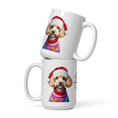 Poodle Wearing Ugly Christmas Sweater and Red Santa Hat Glossy White Mug