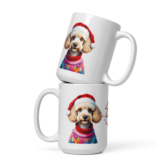 Poodle Wearing Ugly Christmas Sweater and Red Santa Hat Glossy White Mug