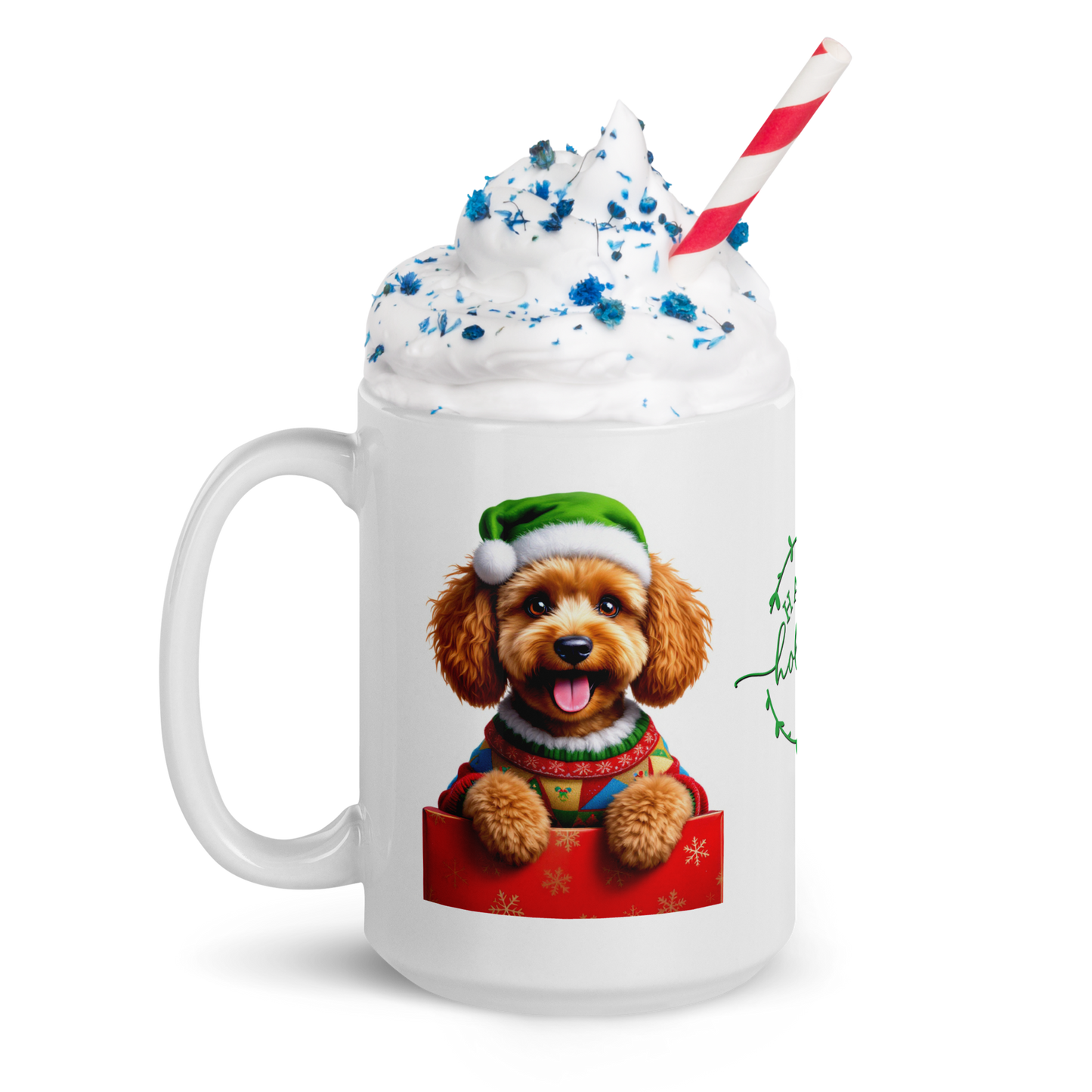 Poodle Wearing Ugly Christmas Sweater and Green Santa Hat White Glossy Mug