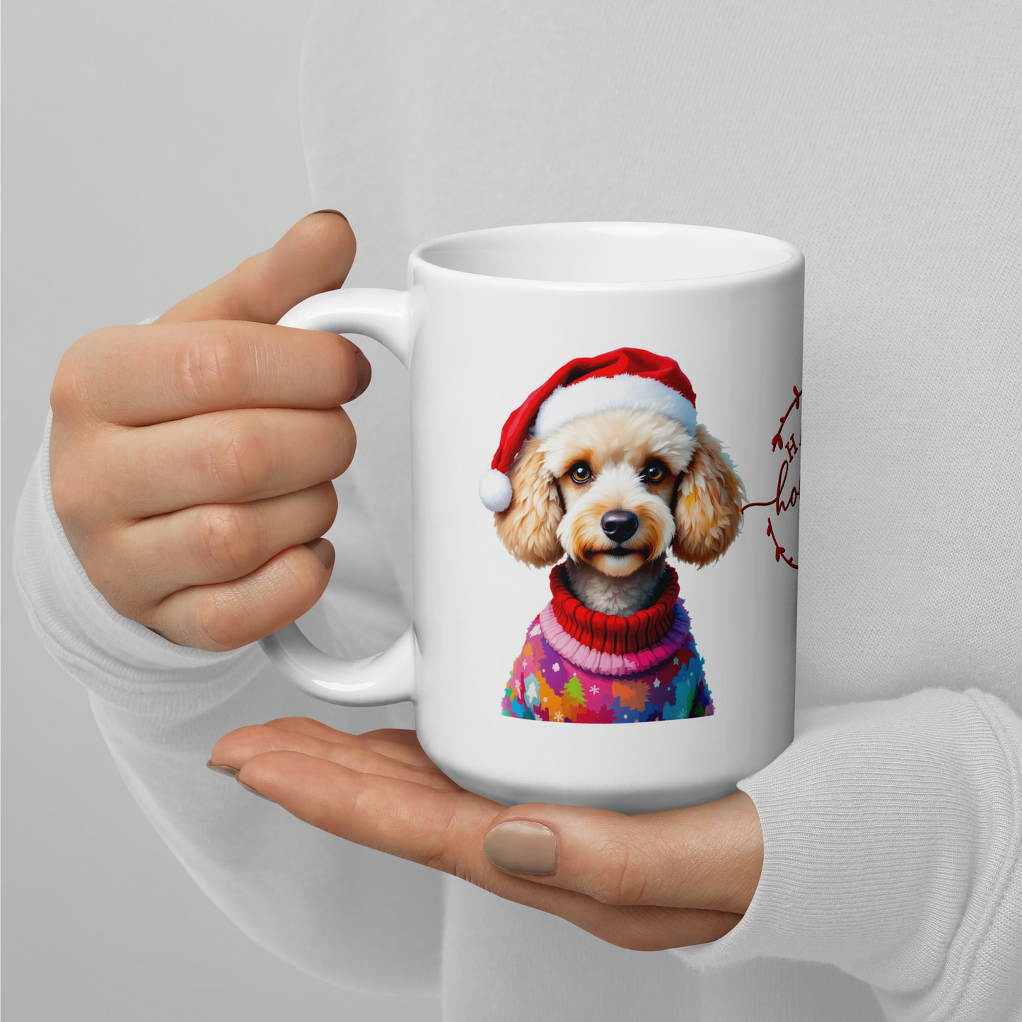 Poodle Wearing Ugly Christmas Sweater and Red Santa Hat Glossy White Mug