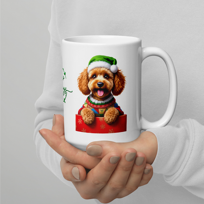 Poodle Wearing Ugly Christmas Sweater and Green Santa Hat White Glossy Mug