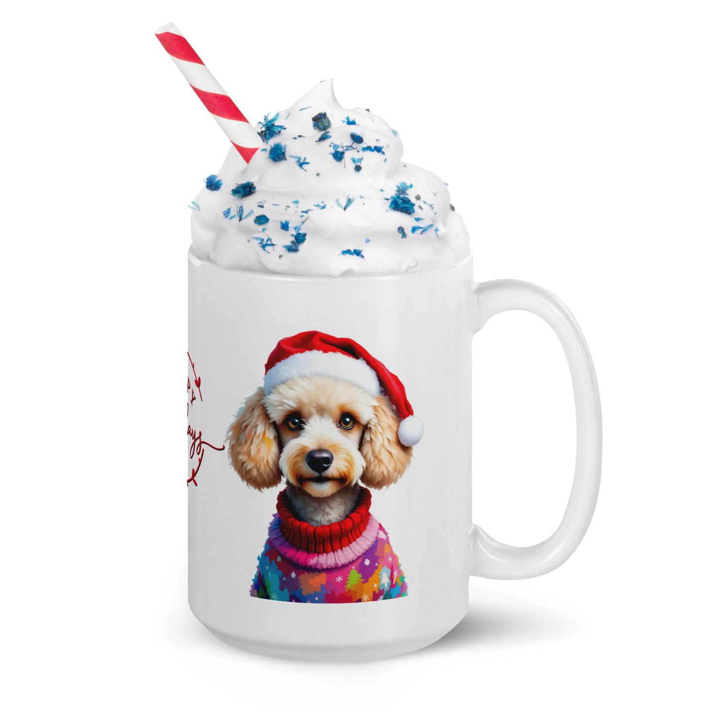 Poodle Wearing Ugly Christmas Sweater and Red Santa Hat Glossy White Mug