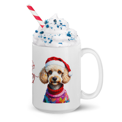 Poodle Wearing Ugly Christmas Sweater and Red Santa Hat Glossy White Mug