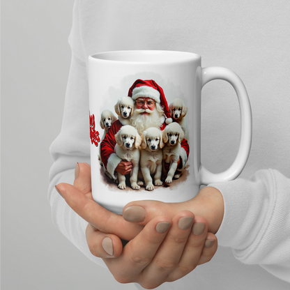 Poodle Puppies with Santa Claus Glossy White Mug