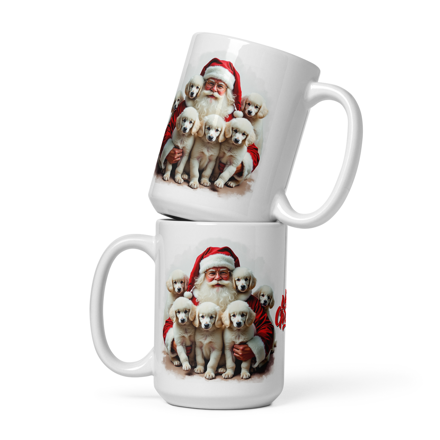 Poodle Puppies with Santa Claus Glossy White Mug