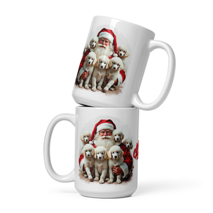 Poodle Puppies with Santa Claus Glossy White Mug