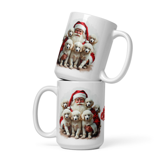 Poodle Puppies with Santa Claus Glossy White Mug