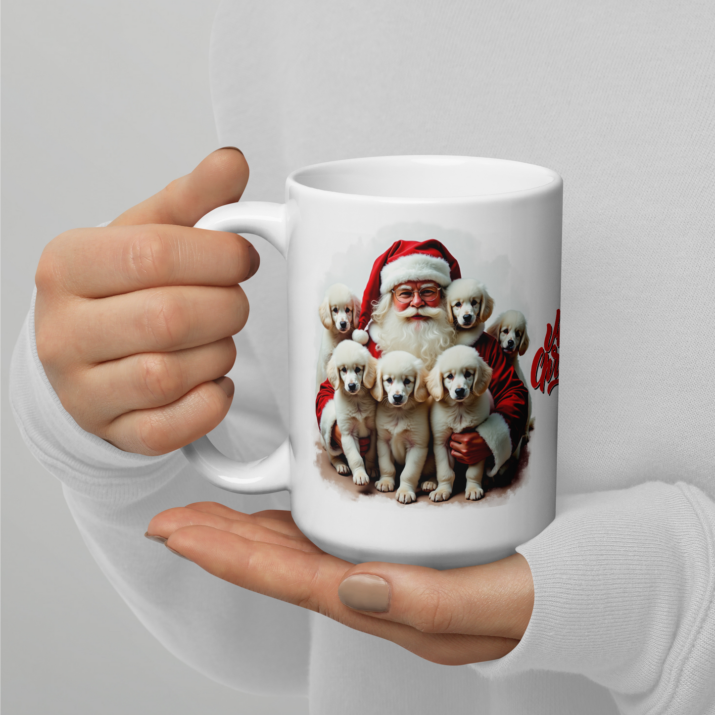 Poodle Puppies with Santa Claus Glossy White Mug