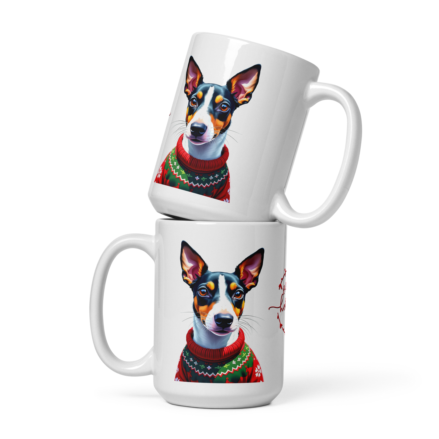 Rat Terrier Wearing Ugly Christmas Sweater Glossy White Mug