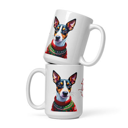 Rat Terrier Wearing Ugly Christmas Sweater Glossy White Mug