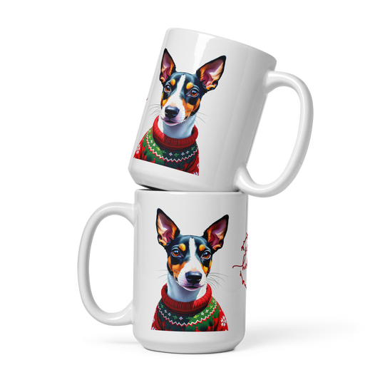 Rat Terrier Wearing Ugly Christmas Sweater Glossy White Mug