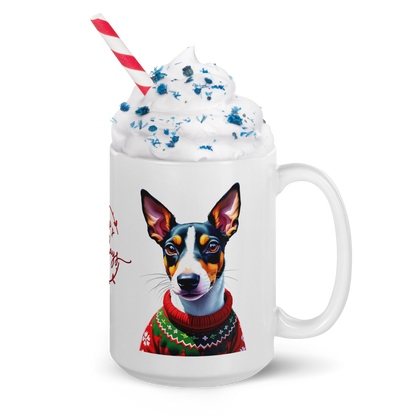 Rat Terrier Wearing Ugly Christmas Sweater Glossy White Mug