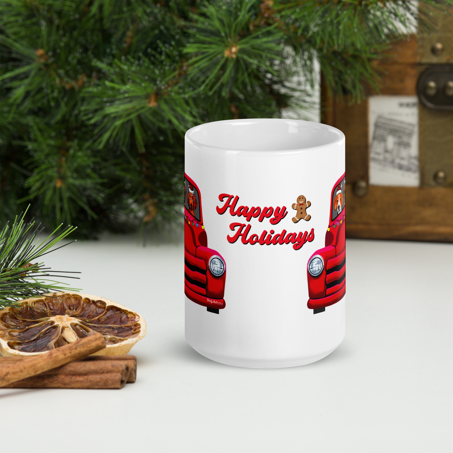 Red Truck with Beagle, Boxer, and Dachshund Glossy White Mug