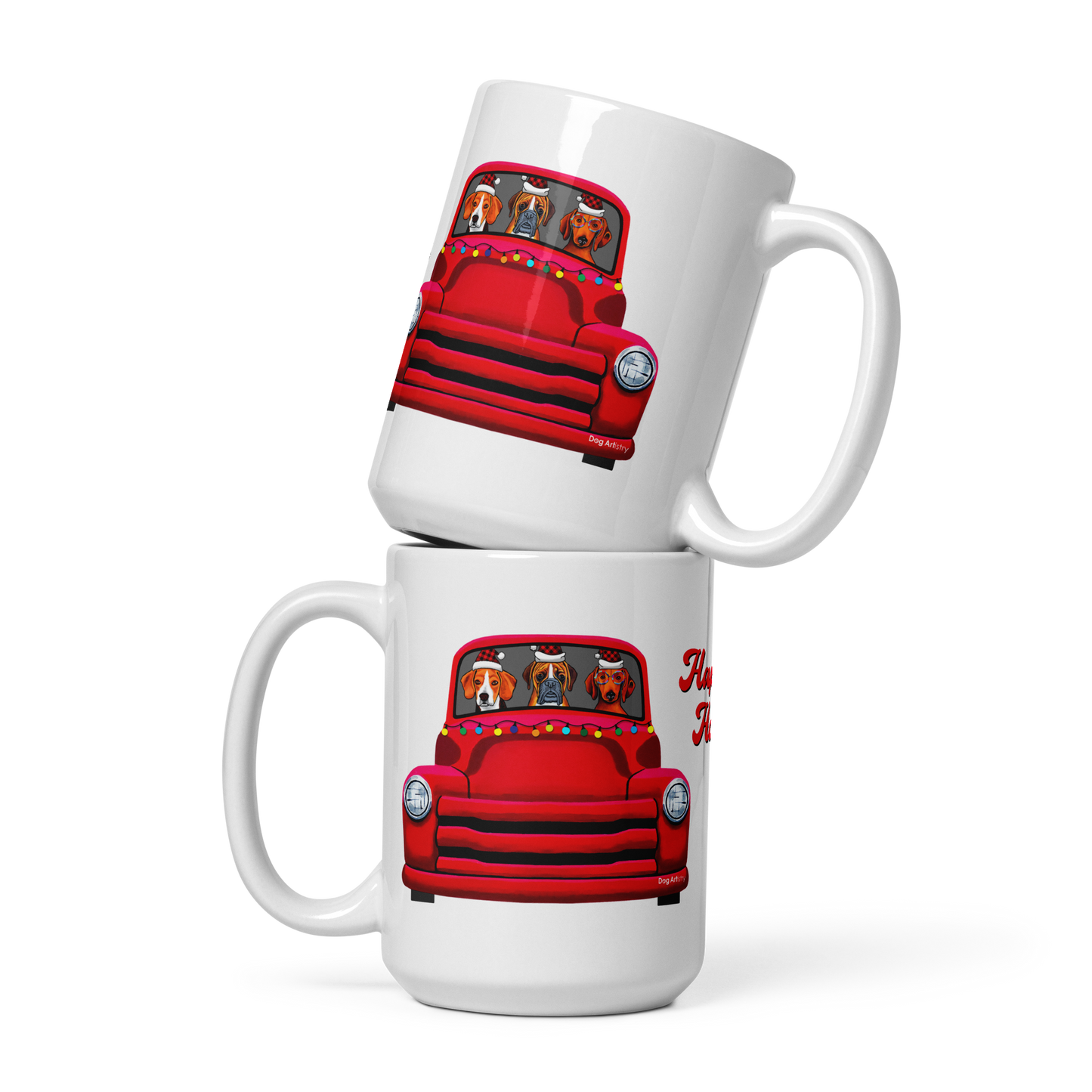 Red Truck with Beagle, Boxer, and Dachshund Glossy White Mug