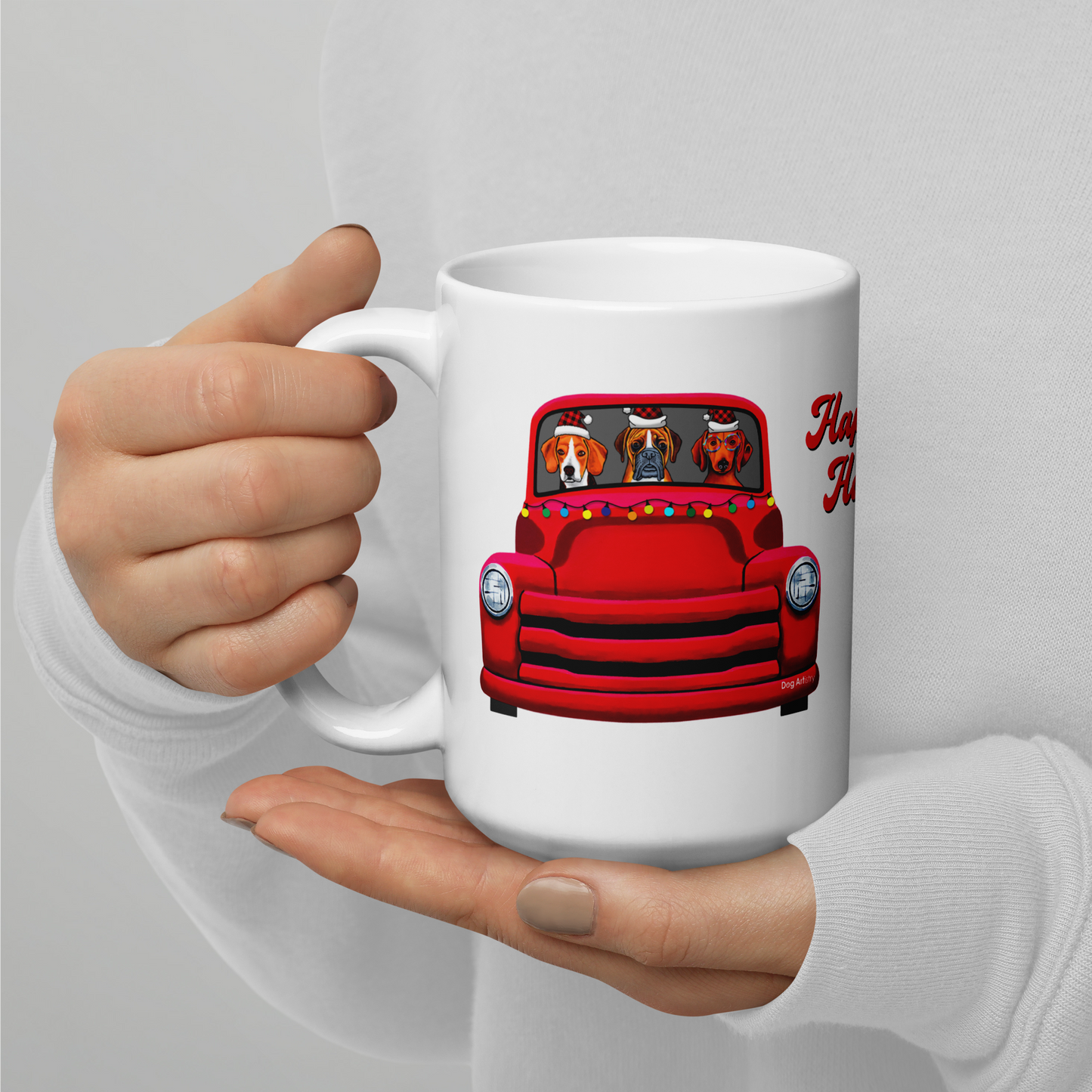 Red Truck with Beagle, Boxer, and Dachshund Glossy White Mug