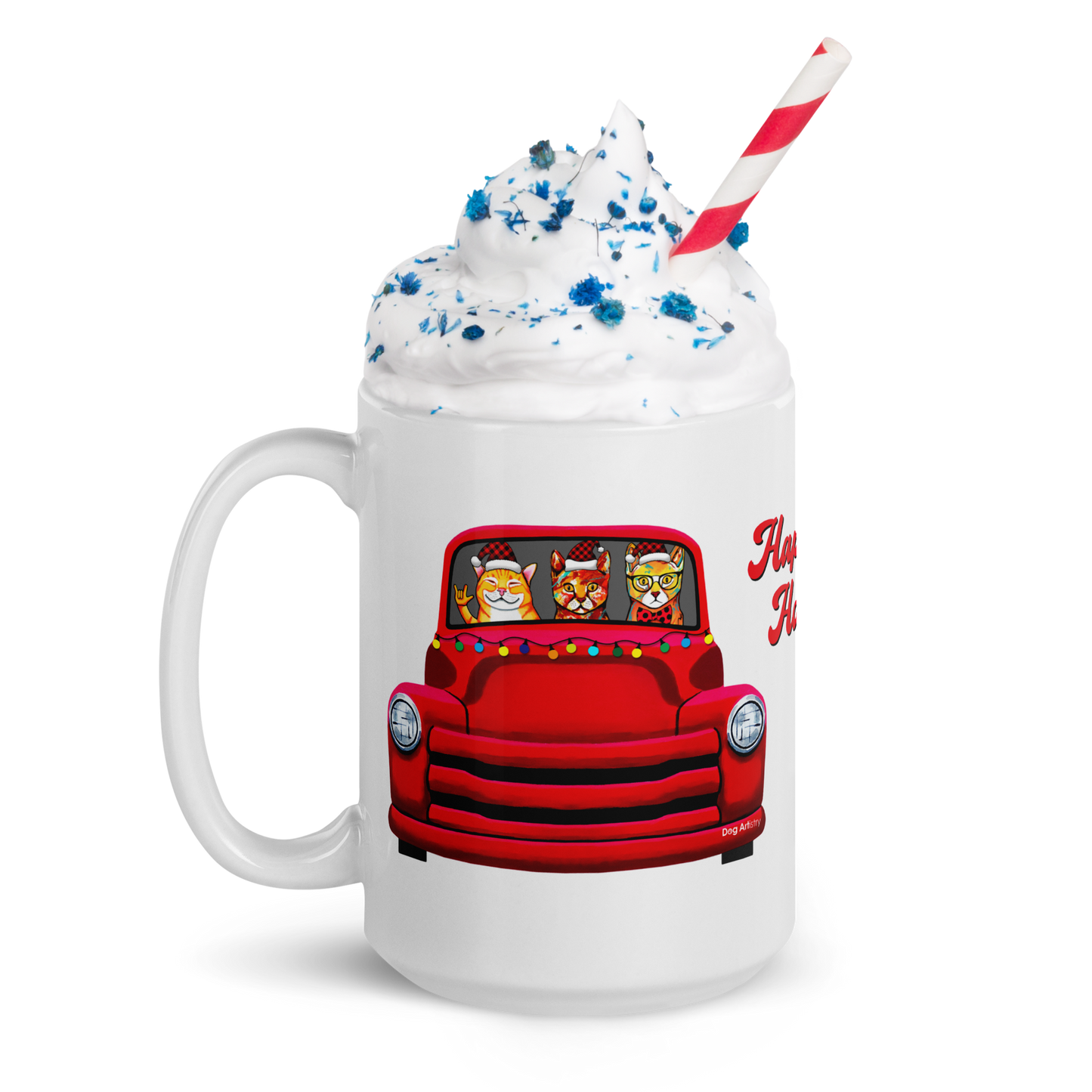 Red Truck with Festive Cats Glossy White Mug