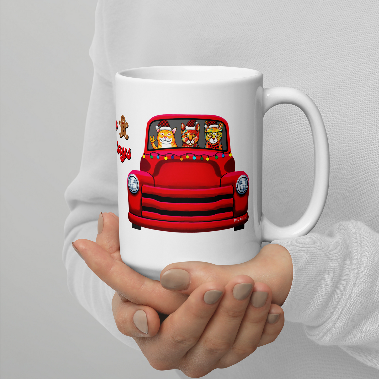 Red Truck with Festive Cats Glossy White Mug