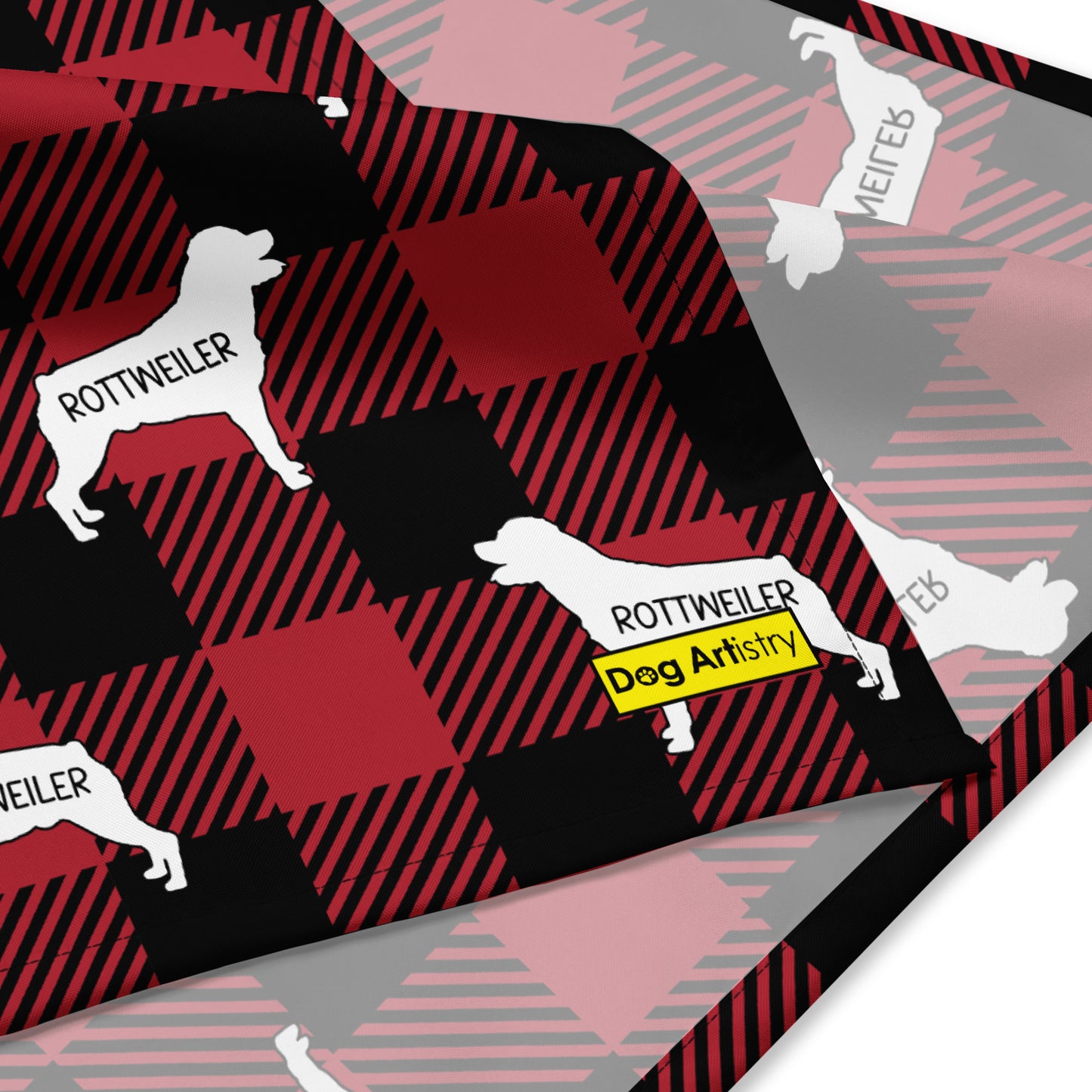 Rottweiler dark red plaid bandana by Dog Artistry. Close up.
