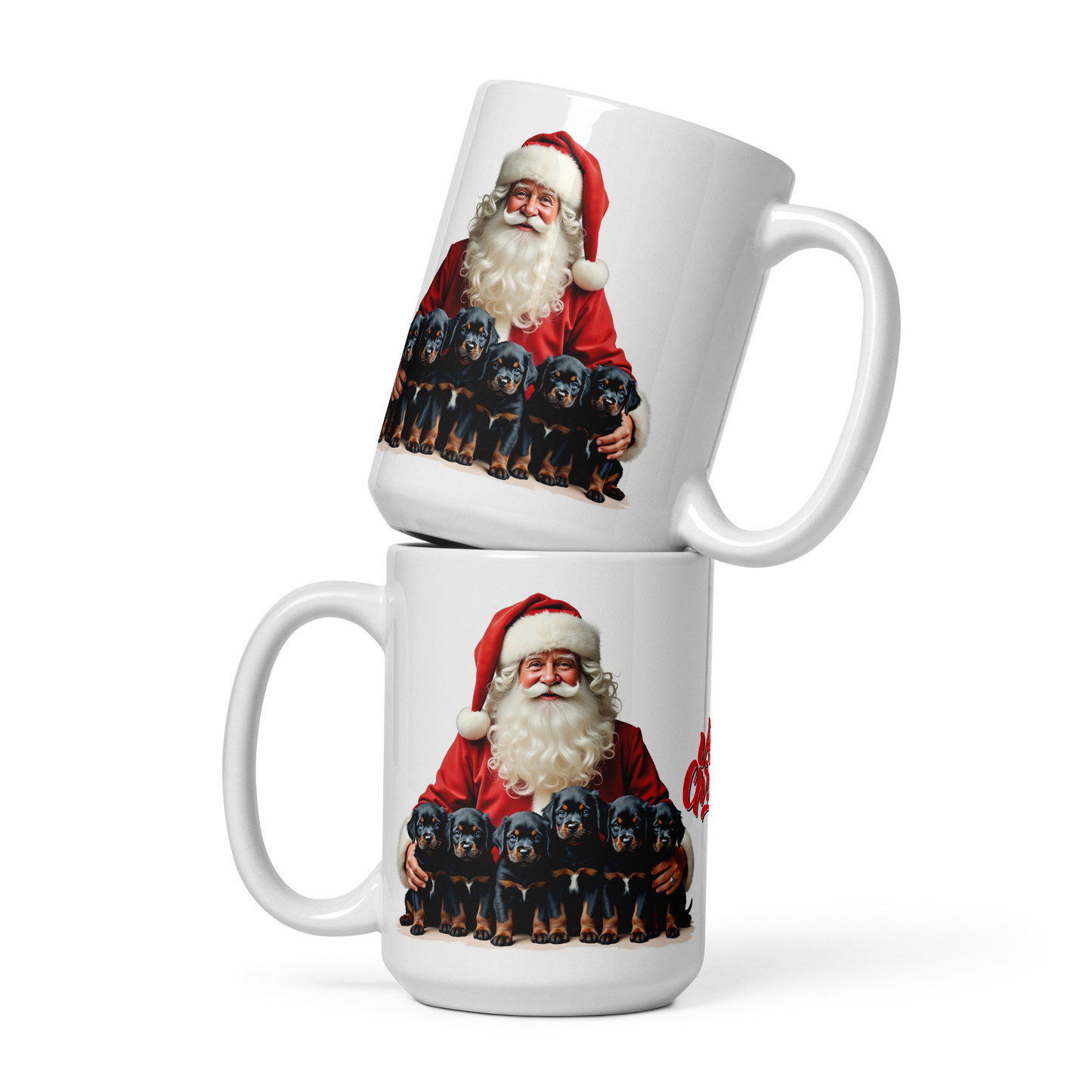 Rottweiler Puppies with Santa Claus Glossy White Mug