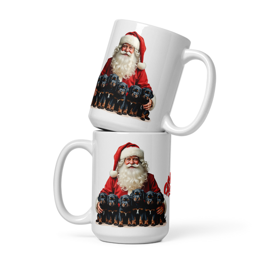 Rottweiler Puppies with Santa Claus Glossy White Mug