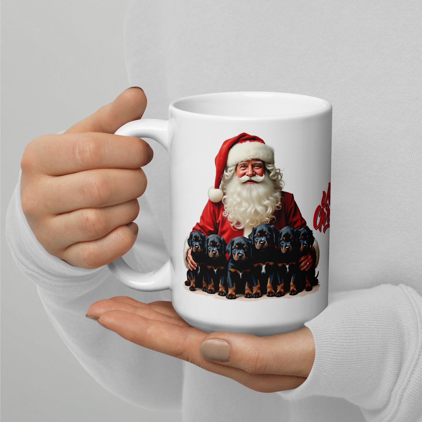 Rottweiler Puppies with Santa Claus Glossy White Mug