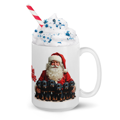 Rottweiler Puppies with Santa Claus Glossy White Mug