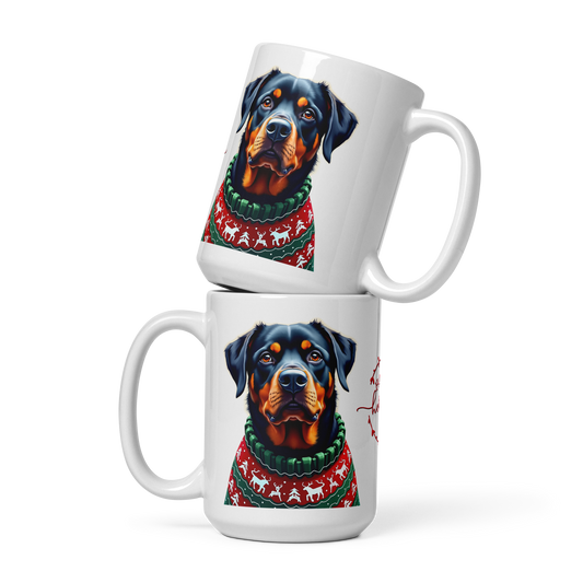 Rottweiler Wearing Ugly Christmas Sweater Glossy White Mug