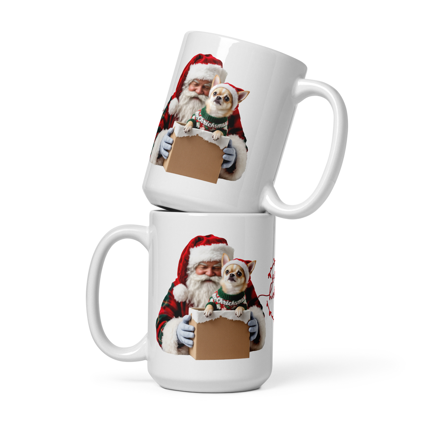 Chihuahua Puppy Wearing Ugly Christmas Sweater and Red Santa Hat Glossy White Mug