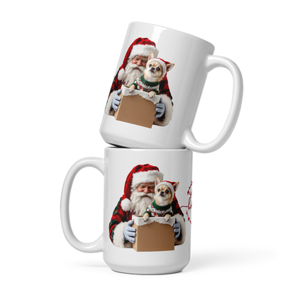 Chihuahua Puppy Wearing Ugly Christmas Sweater and Red Santa Hat Glossy White Mug