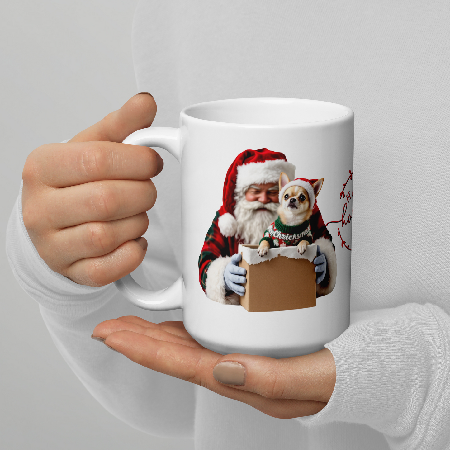 Chihuahua Puppy Wearing Ugly Christmas Sweater and Red Santa Hat Glossy White Mug