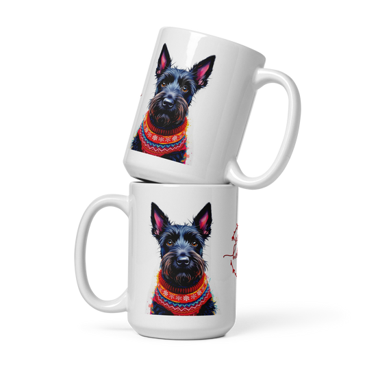 Scottish Terrier Wearing Ugly Christmas Sweater Glossy White Mug