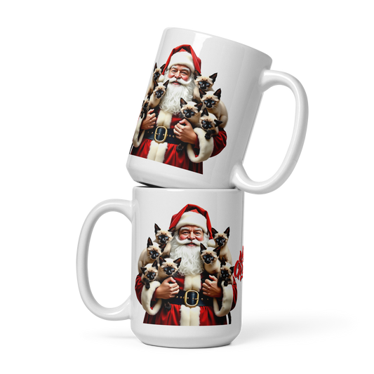 Siamese Kittens with Santa Claus Glossy White Mug