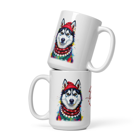 Siberian Husky Wearing Ugly Christmas Sweater and Red Santa Hat Glossy White Mug