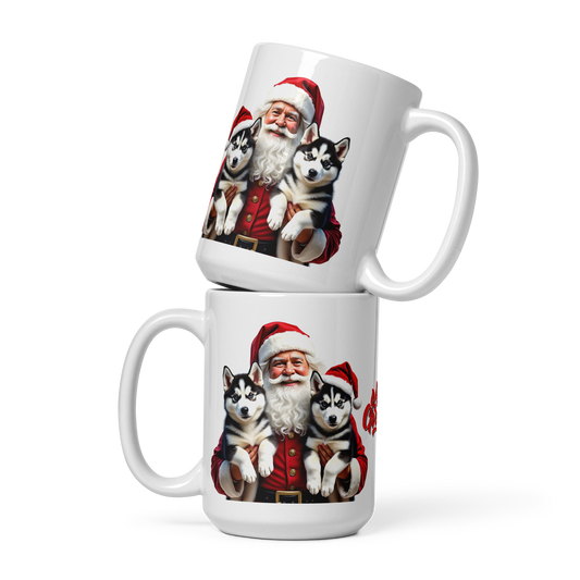 Siberian Husky Puppies with Santa Claus Glossy White Mug