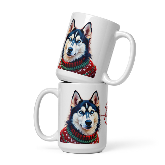 Siberian Husky Wearing Ugly Christmas Sweater Glossy White Mug