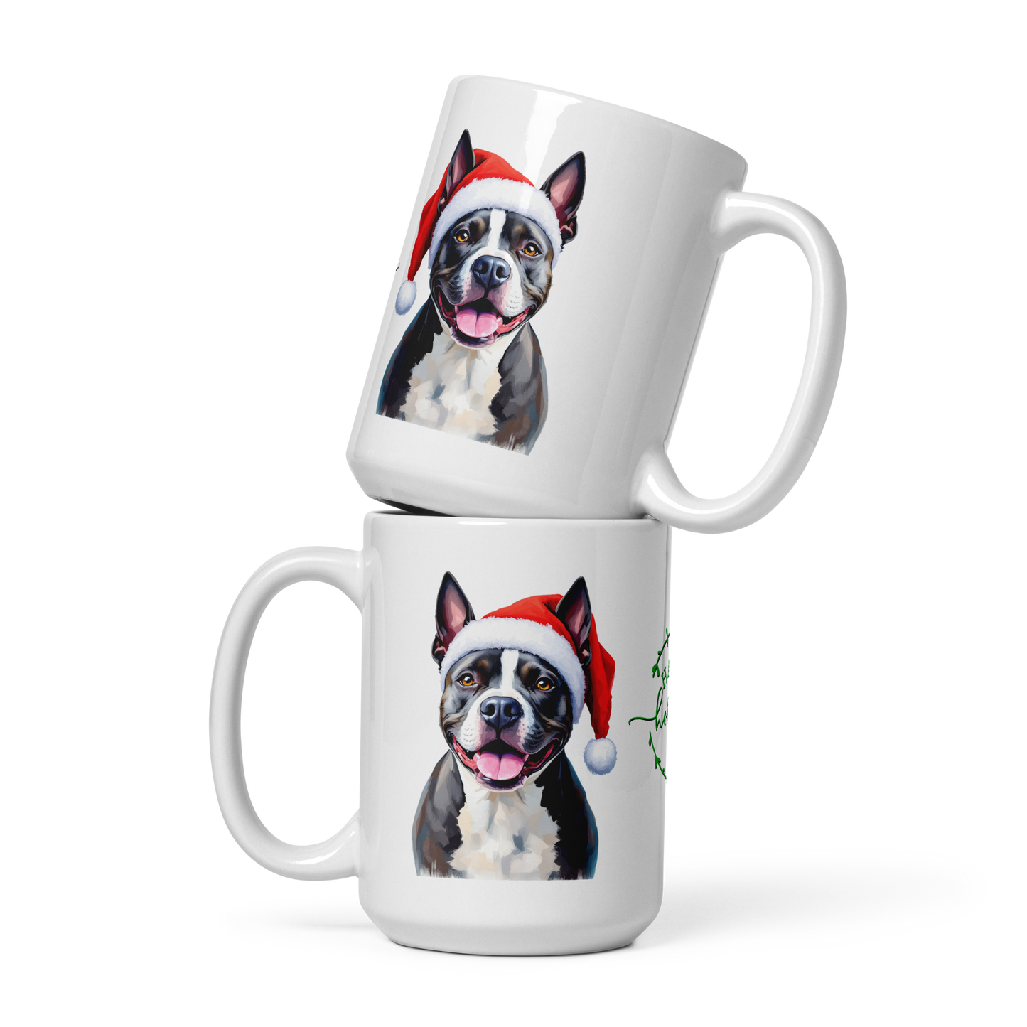 Staffordshire Bull Terrier Wearing Santa Hat White Glossy Mug