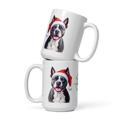 Staffordshire Bull Terrier Wearing Santa Hat White Glossy Mug