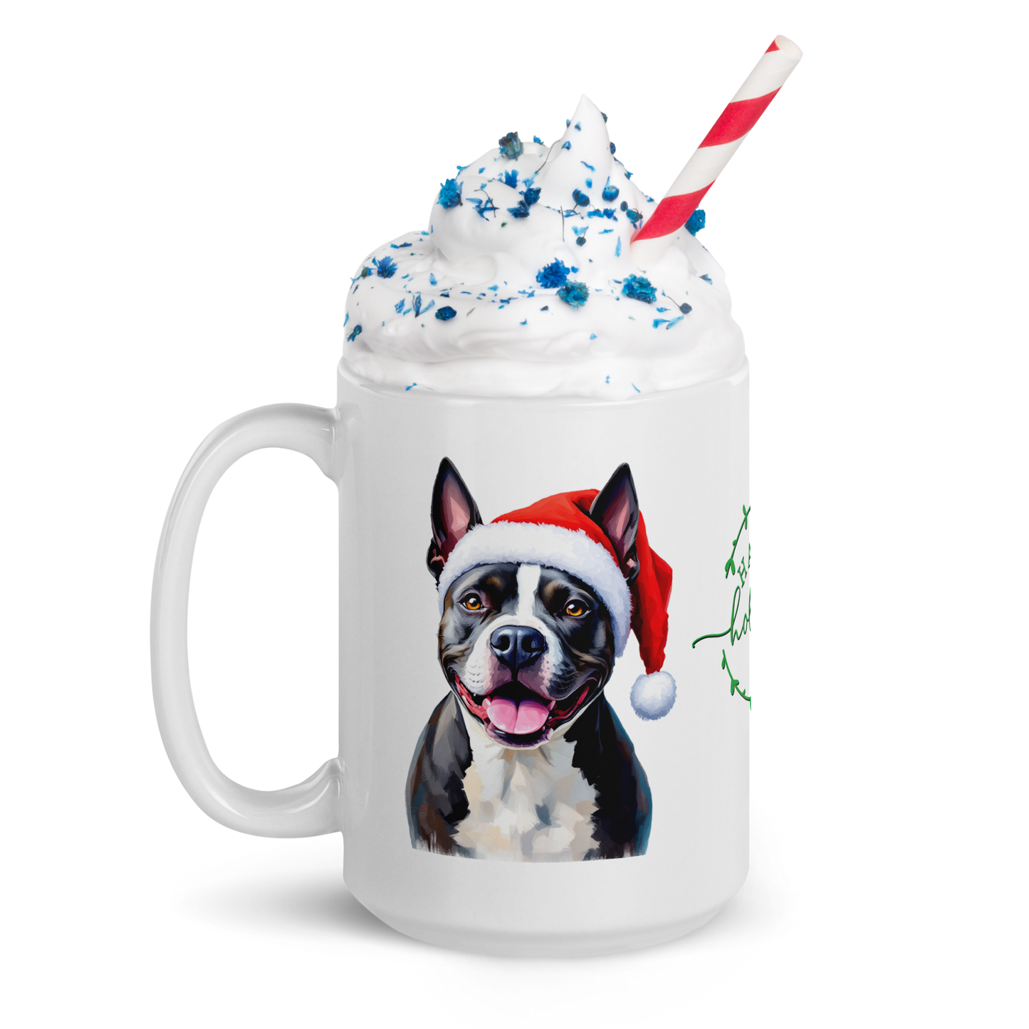 Staffordshire Bull Terrier Wearing Santa Hat White Glossy Mug