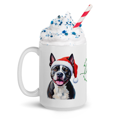 Staffordshire Bull Terrier Wearing Santa Hat White Glossy Mug