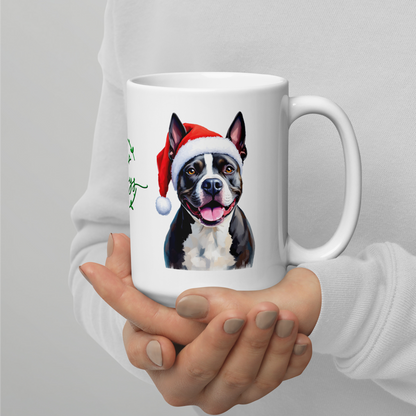 Staffordshire Bull Terrier Wearing Santa Hat White Glossy Mug