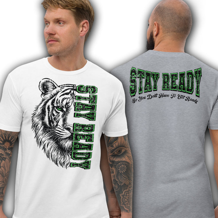 Stay Ready Tiger Grunge Style Short Sleeve T-shirt by Dog Artistry (Black and Green Imprint