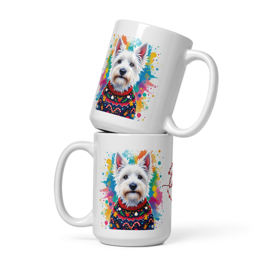 White West Highland Terrier Wearing Ugly Christmas Sweater Glossy White Mug