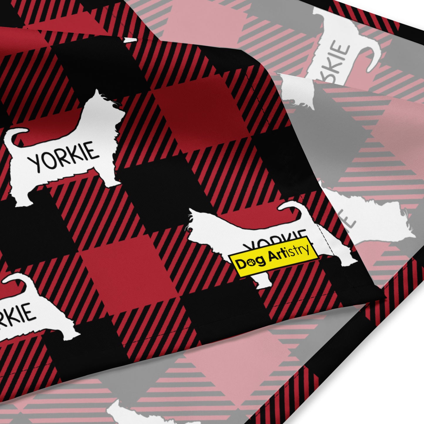 Yorkie dark red plaid bandana by Dog Artistry. Close up.